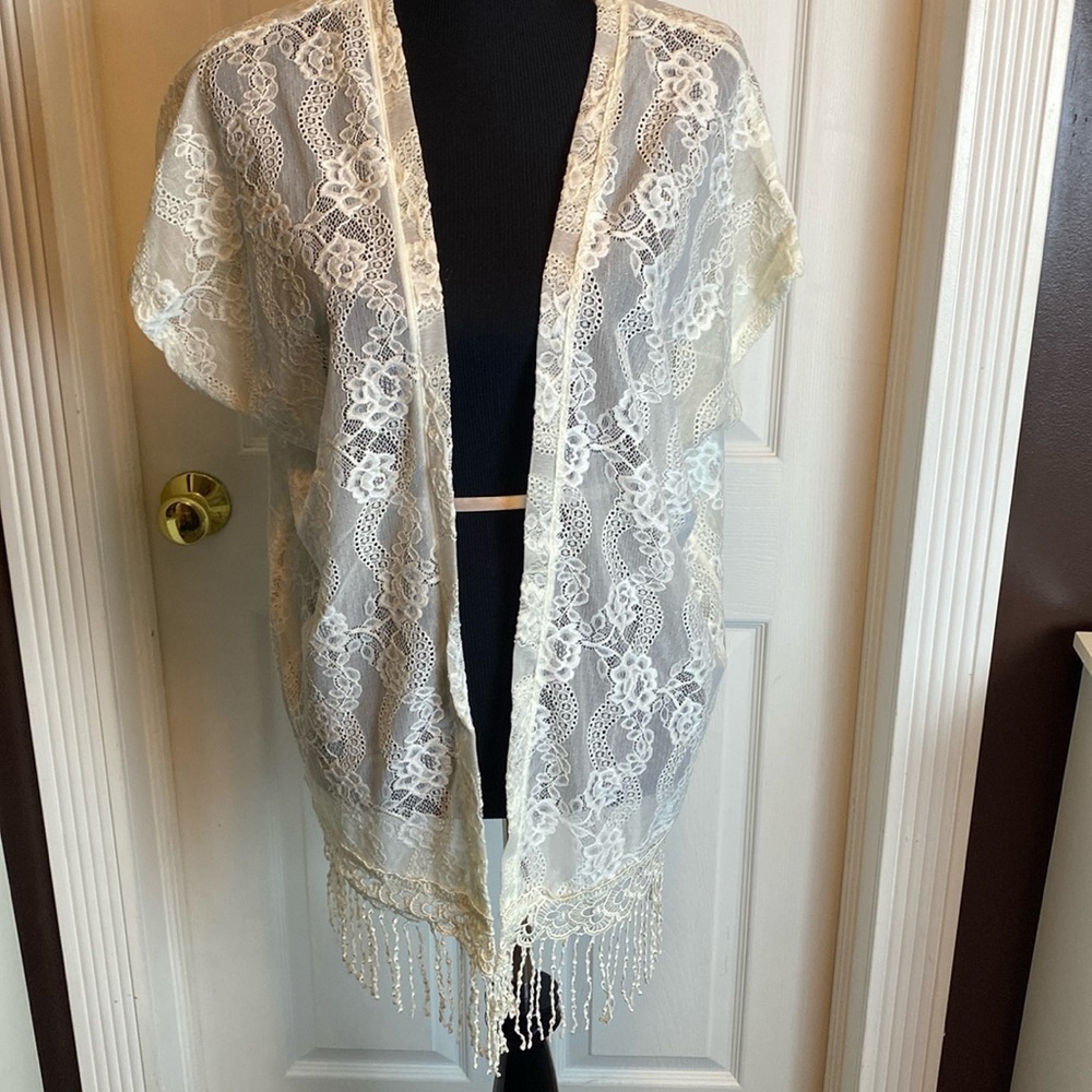 Studio Gem Off White Lace Cardigan Flowers Fringe Wedding Sz L NWT